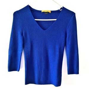 St. John Royal Blue Ribbed V Neck Sweater Top Merino Wool Silk Cashmere S *Flaw